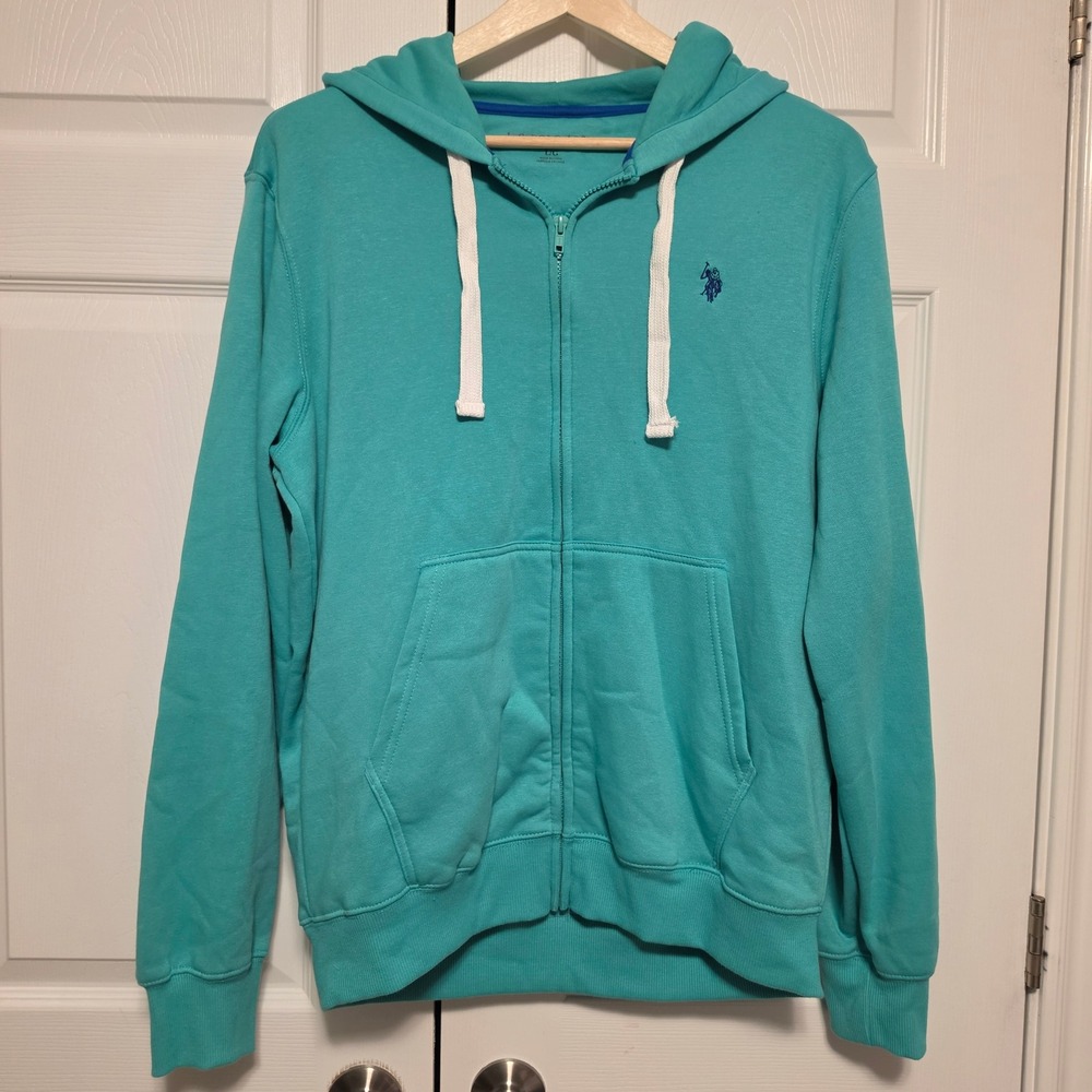 U.S. Polo Assn. Full Zip Hoodie Logo Aquamarine Teal Blue Large L NWT